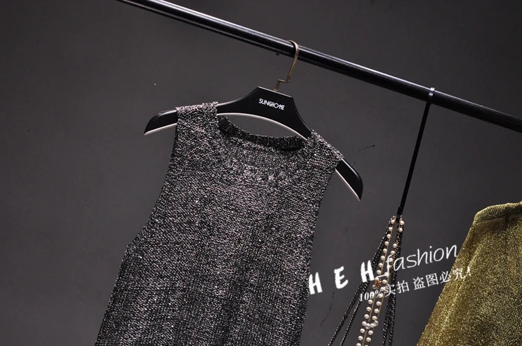 Sexy Shiny Gold Silver Knitted Tank Tops Women Bling Bling Sequined Tassels Knitted Vest  All Neon Store Clothes  Korean