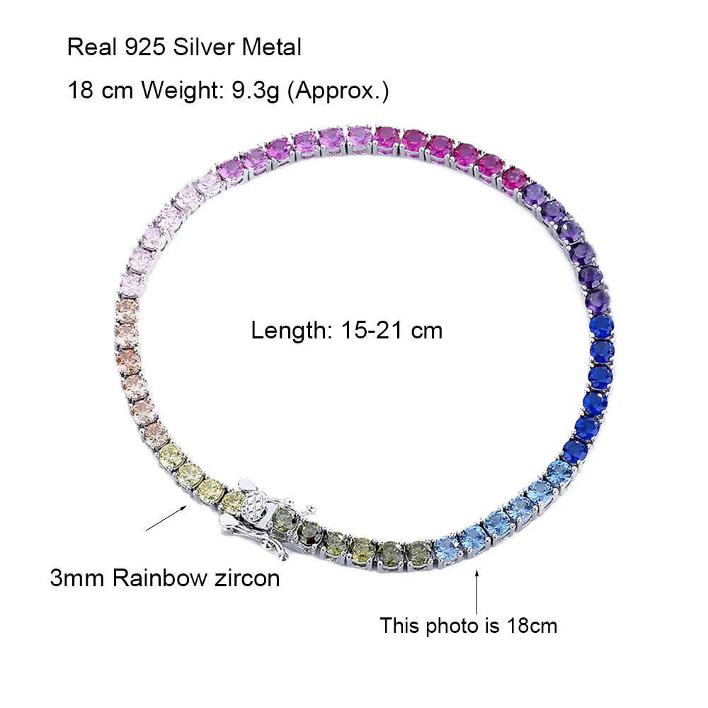 Pure Silver 14-21 cm Tennis Bracelet Pave 3 mm Bling Rainbow Zircon Beautiful Real 925 Jewelry For Women