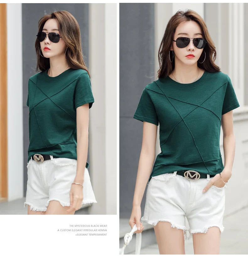 Summer Slim Cotton Bamboo T-Shirts Women 2026 O-Neck Short Sleeve Ribbed Tshirts Female Casual Solid Color Tops