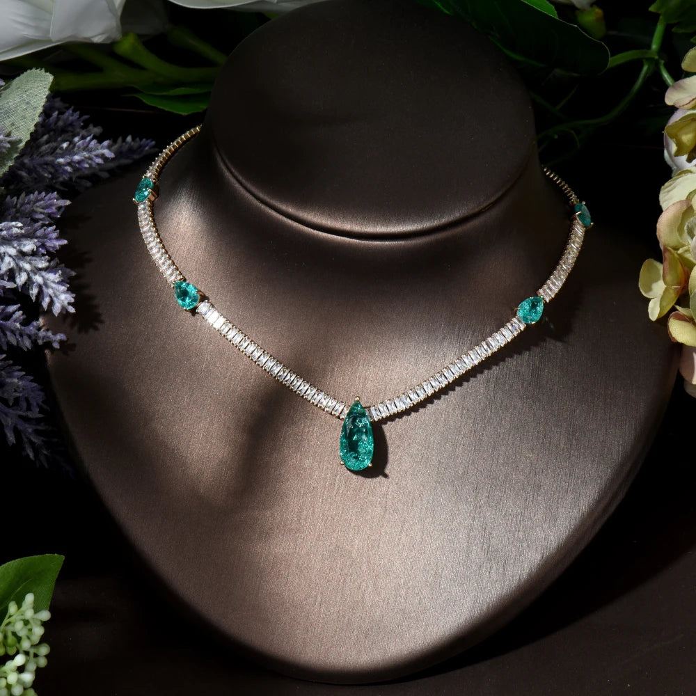 New Arrivial 2pcs Water Drop Multicolor Necklace and Earring Set Cubic Zirconia Nigeria Women Wedding Jewelry Sets N-394