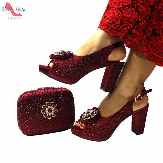 Wine Color New Design Nigerian Women Shoes and Bag Set Decorate with Rhinestone High Quality Pumps for Christmas Party