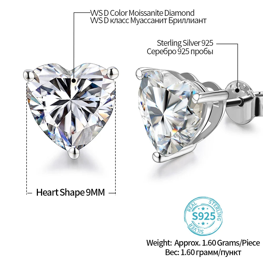 Heart Moissanite Diamond Earrings 925 Sterling Silver Jewellery Statement Stud Earrings For Women Fine Jewelry