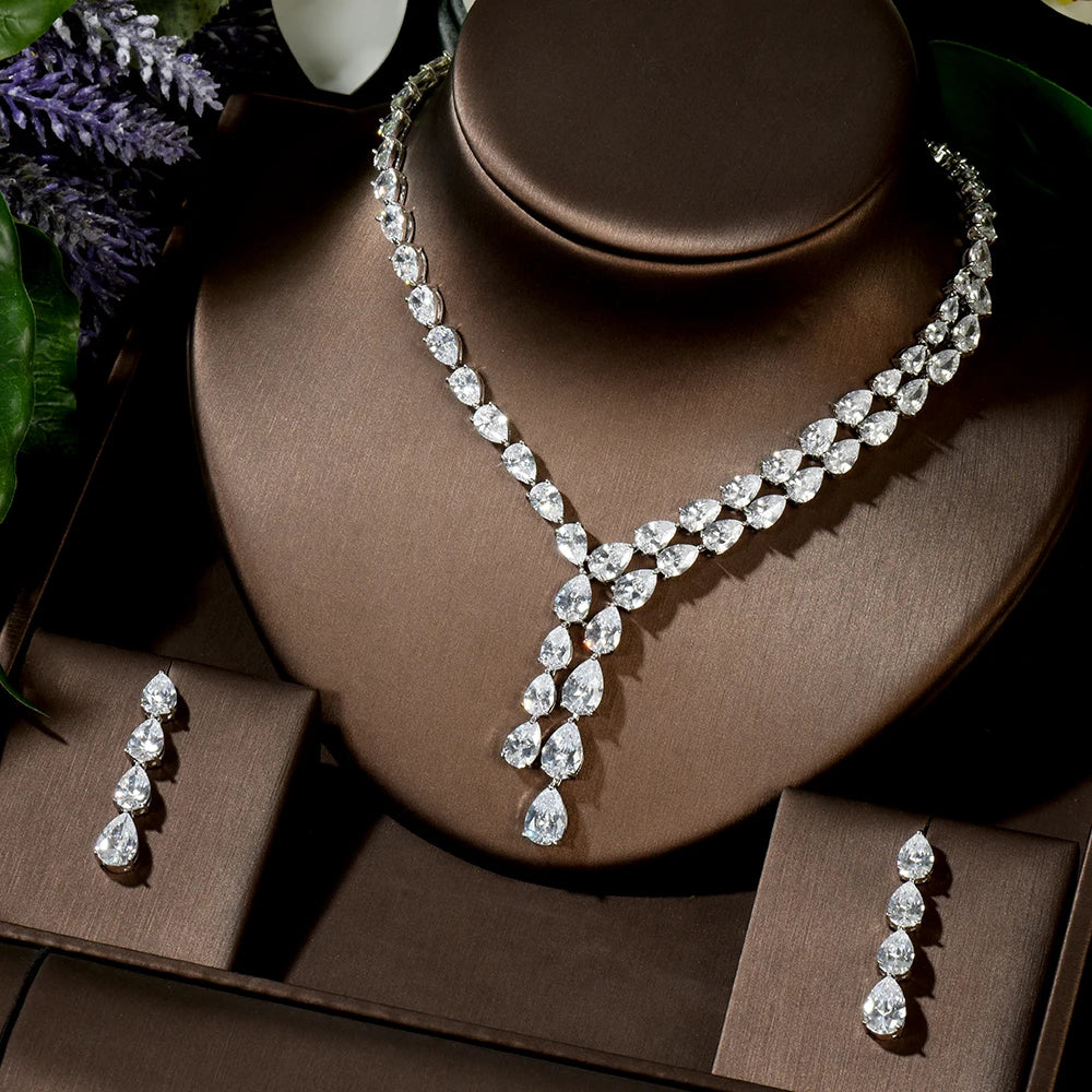 Clear Best Quality Brilliant Crystal Zircoina Earrings And Necklace Bridal Jewelry Set Wedding Dress Accessories N-1453