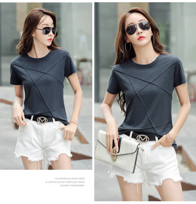 Summer Slim Cotton Bamboo T-Shirts Women 2026 O-Neck Short Sleeve Ribbed Tshirts Female Casual Solid Color Tops