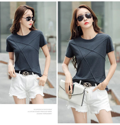 Summer Slim Cotton Bamboo T-Shirts Women 2026 O-Neck Short Sleeve Ribbed Tshirts Female Casual Solid Color Tops
