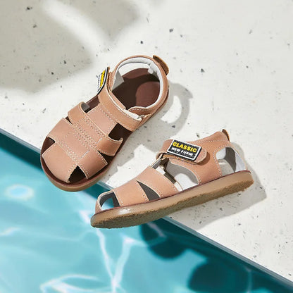 Children frosted genuine leather beach sandals boys barefoot non-slip sandals with cowhide lining baby soft Navy blue sandals
