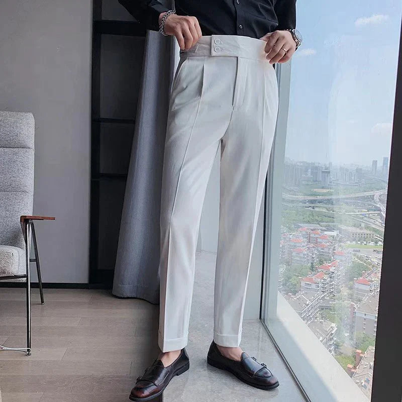 2024 Mens Elegant Formal Party Suits Pants Solid White Grey Pencil Trouser Korean Fashion Waist Buckle Suit Pants Men Streetwear