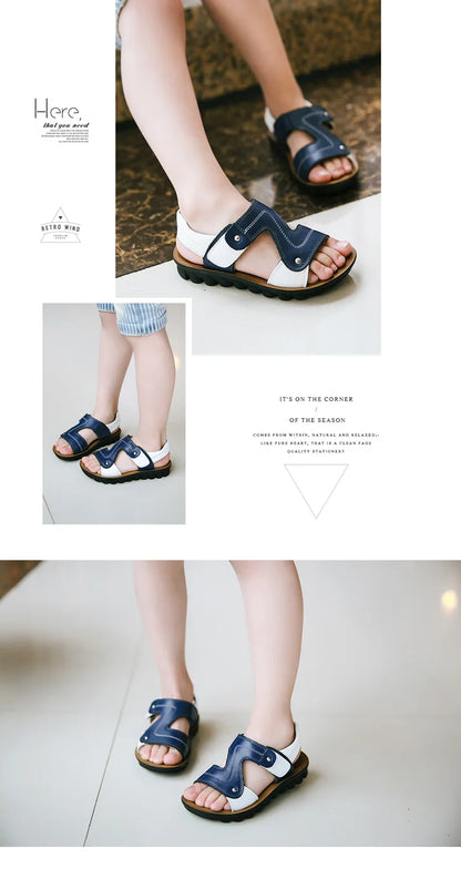 Children Sandals 2023 Summer New Fashion Boys Geniune Leather Sandals Kids Soft Bottom Non-slip Beach Sandals