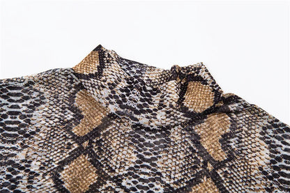 Casual Green Snake Print T Shirt Women Mesh Top Long Sleeve Transparent Snakeskin Female T-shirt High Neck Crop Tops