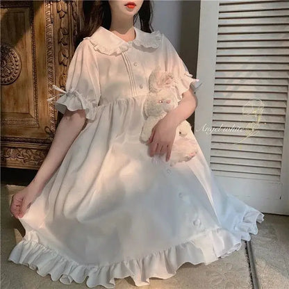 Japanese Sweet Girl Lolita Dress White 2021 Summer Kawaii Peter Pan Collar Cute Ruffle Puff Sleeve Drees Elegant Lady Dresses