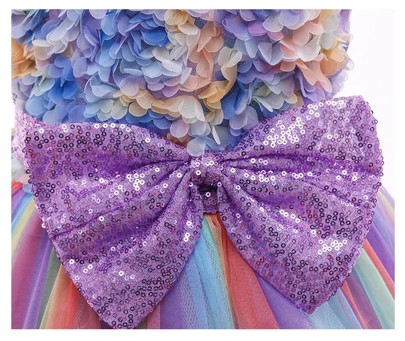 High Quality Summer Girls Dress Rainbow Mesh Bow Birthday Party Dance Costume Little Princess Dress Kids Clothes 1-10 Years Old