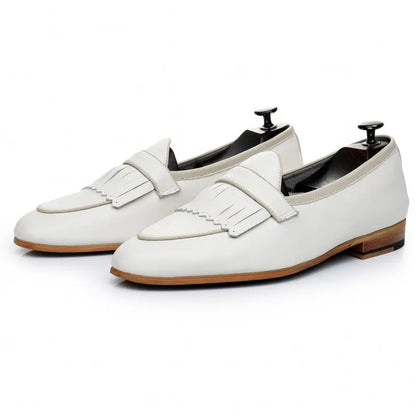 Spring Men Office Work Formal Shoes Slip On Loafers White Moccasin Gommino Wedding Vintage Tassels Genuine Leather Dress Shoes