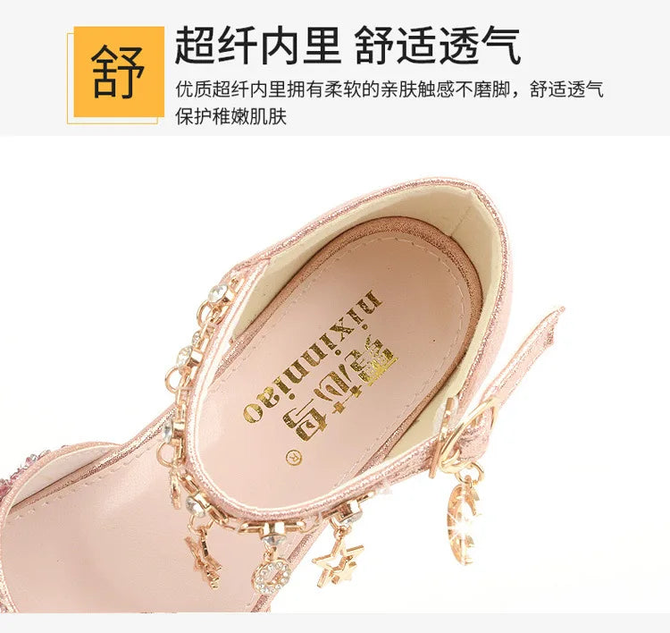 Girls Sandals Children Crystal Shoes 2023 Summer Kids Glitter Shoes High Heels Sequined Rhinestone Pendants Open Toes Princess