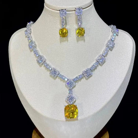 Square Bright Yellow and Green Color Drop Earrings Necklace For Women Jewelry Set  Bridal Wedding Accessories  X0185