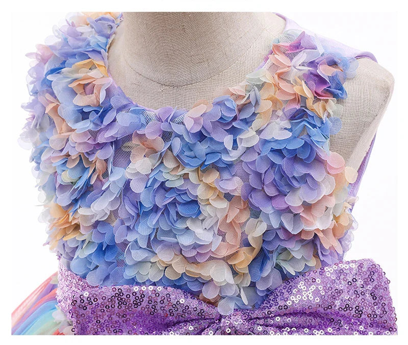 High Quality Summer Girls Dress Rainbow Mesh Bow Birthday Party Dance Costume Little Princess Dress Kids Clothes 1-10 Years Old