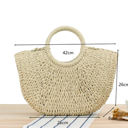 Summer Handmade Bags for Women Beach Weaving Ladies Straw Bag Wrapped Beach Bag Moon shaped Top Handle Handbags Totes