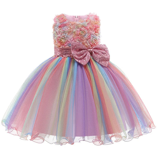 Vestido de Verão de Alta Qualidade para Meninas, Arco-íris, Malha, Laço, Fantasia de Dança para Festa de Aniversário, Vestido de Princesa Pequena, Roupas Infantis de 1 a 10 Anos