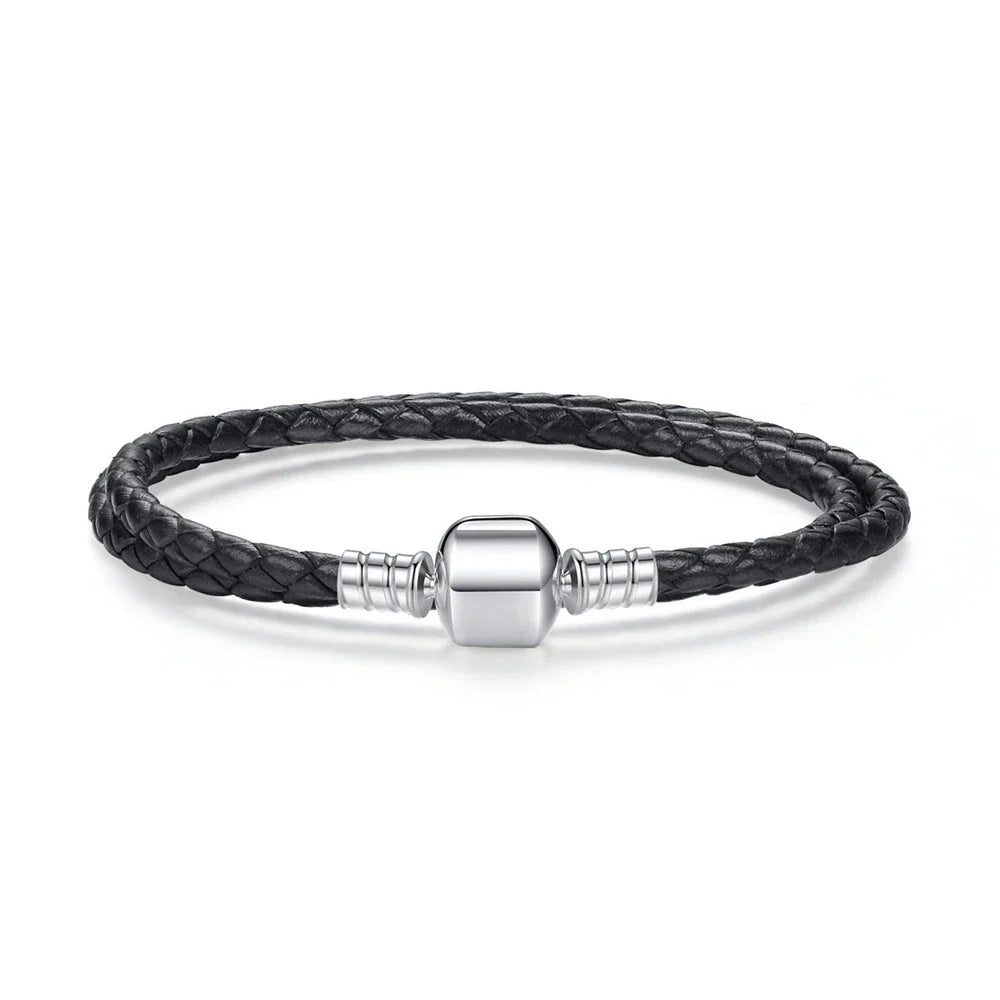 Genuine Long Double Pink Black Braided Leather Chain Women Bracelets with 925 Sterling Silver Snake Clasp PAS908