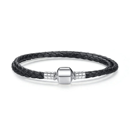 Genuine Long Double Pink Black Braided Leather Chain Women Bracelets with 925 Sterling Silver Snake Clasp PAS908