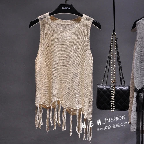 Sexy Shiny Gold Silver Knitted Tank Tops Women Bling Bling Sequined Tassels Knitted Vest  All Neon Store Clothes  Korean