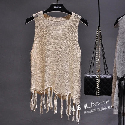Sexy Shiny Gold Silver Knitted Tank Tops Women Bling Bling Sequined Tassels Knitted Vest  All Neon Store Clothes  Korean