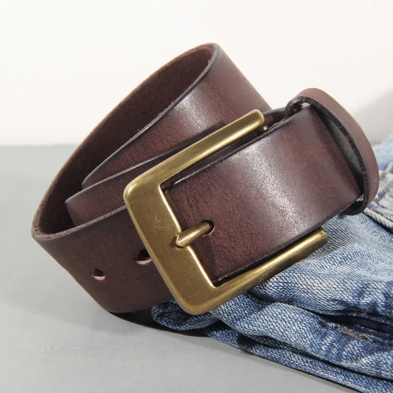 Luxury Handmade Leather Copper Buckle Man's Belt Cinturon Gotico Cowhide Retro All-match Casual Jeans Soft Belt ABC