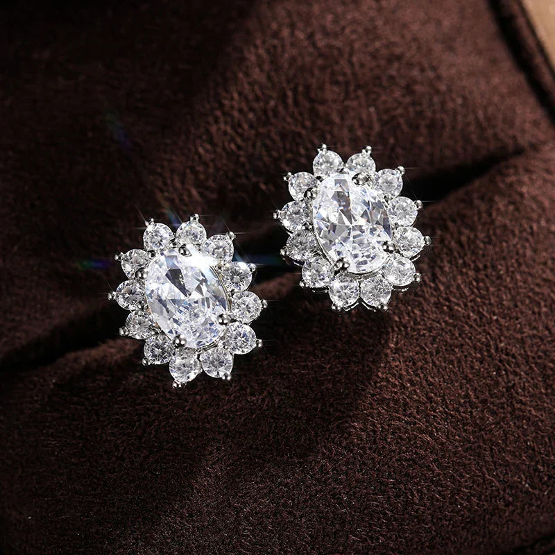 Fashion Sunflower Shape Stud Earrings Women Brilliant Oval Cubic Zirconia Luxury Female Party Jewelry Earring Top Quality