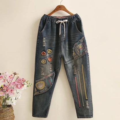 Women Embroidery Retro Denim Jeans