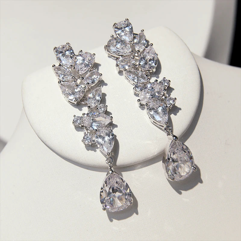 Conjuntos de joyería nupcial de lujo, Zirconia cúbica brillante, collar de boda, pendientes, accesorios para novias X0826