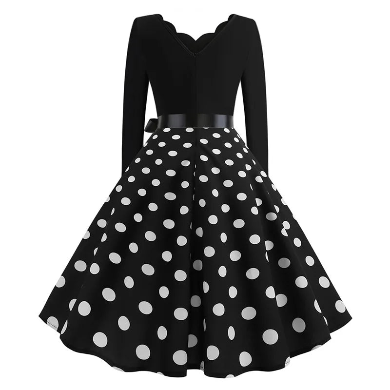 Women Vintage Long Sleeve Polka Dot Dress Spring Autumn New Year Party Dresses 3XL Black Vestidos