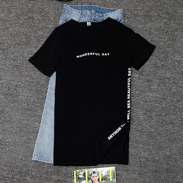 WONDERFUL DAY Print Long T shirts Summer Women Loose Slit Femme Tops  Tshirt Short sleeve Ladies t-shirt