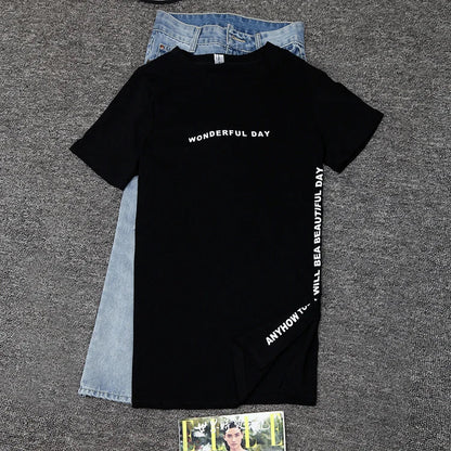 WONDERFUL DAY Print Long T shirts Summer Women Loose Slit Femme Tops  Tshirt Short sleeve Ladies t-shirt