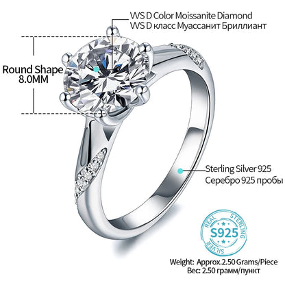 925 Sterling Silver Ring 1ct 2ct 3ct Classic Style Moissanite Diamond Ring Wedding Party Anniversary Ring For Women Fine Jewelry