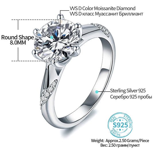 925 Sterling Silver Ring 1ct 2ct 3ct Classic Style Moissanite Diamond Ring Wedding Party Anniversary Ring For Women Fine Jewelry