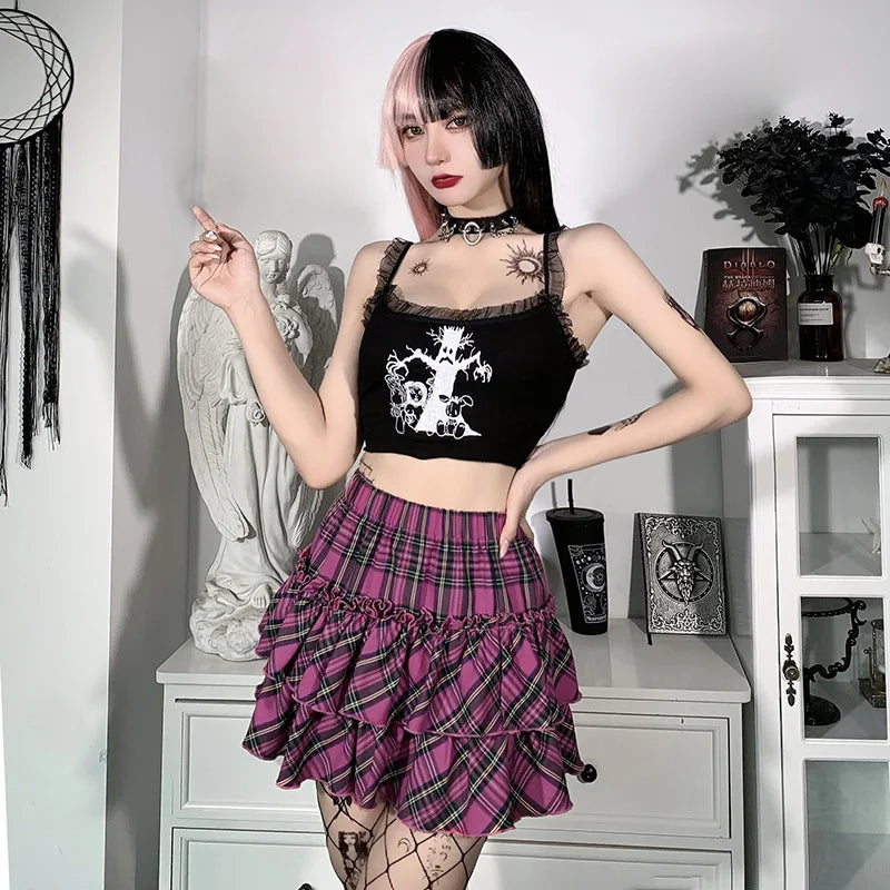 Pink Skirt Japanese College Style Youth Girl Plaid Skirt Female High Waist Slim Lolita Cosplay Y2k Skirt Goth Skirt