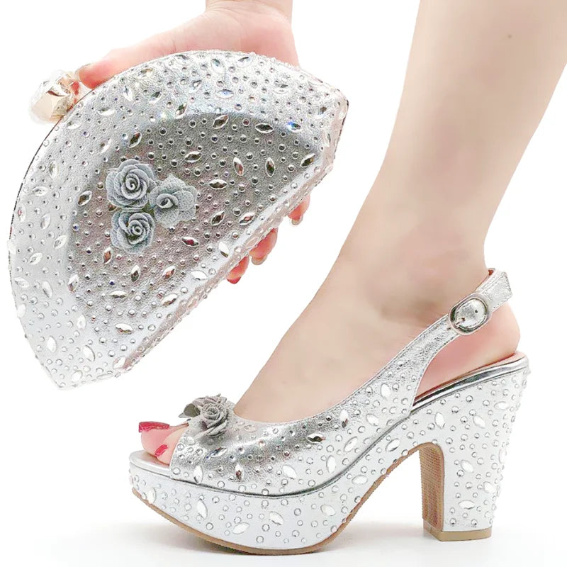 Italian Women Shoes and Bag Set Decorated with Rhinestone In Party African Italian Shoes and Bag Set Party Shoes Bag