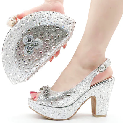 Italian Women Shoes and Bag Set Decorated with Rhinestone In Party African Italian Shoes and Bag Set Party Shoes Bag