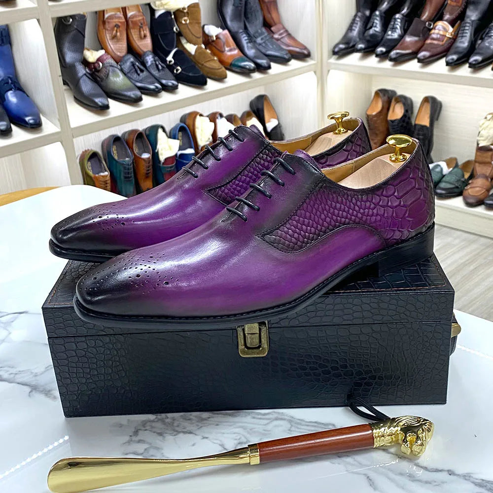 Luxury Men's Genuine Leather Oxford Shoes Snake Skin Print Black/Purple Lace-Up Square Toe Formal Dress Shoes