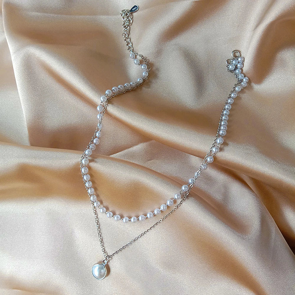 Fashion Kpop Pearl Choker Necklace Cute Double Layer Chain Pendant For Women Jewelry Girl Gift