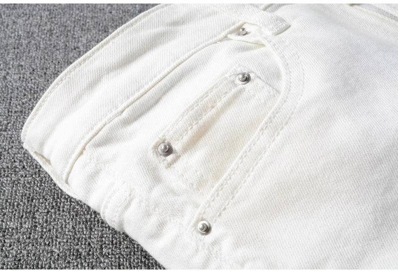 Men's White Crystal Holes Ripped Jeans Fashion Slim Skinny Rhinestone Stretch Denim Pants