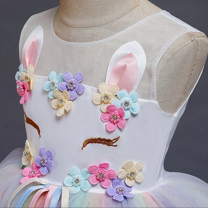 Vestido Longo de Festa de Casamento Unicórnio Arco-Íris para Menina Vestido de Performance de Dança de Personagem de Unicórnio para Festa de Aniversário de Menina Conjunto de Três Peças
