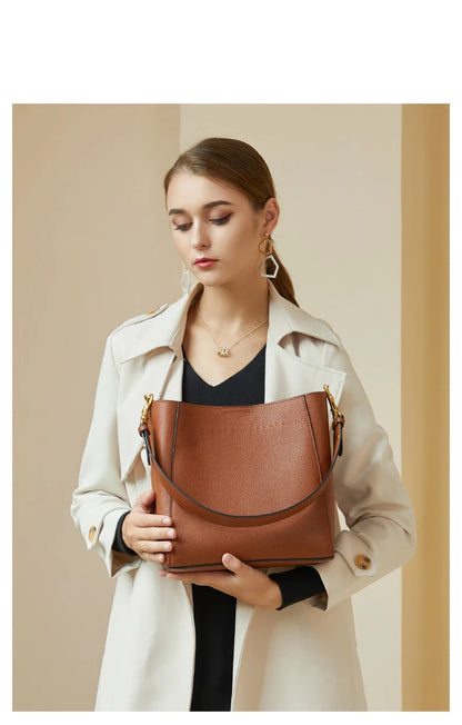 Genuine Leather Casual Shopper Shoulder Bag Commuter Large Bucket Handbag Simple High Quality Women Tote Underarm Bags