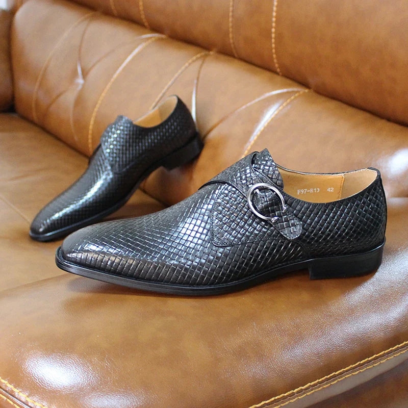 Size 6 To 13 Classic Monk Strap Buckle Dress Shoes Genuine Leather Luxury Plaid Print Office Wedding Party Formal Shoes for Men
