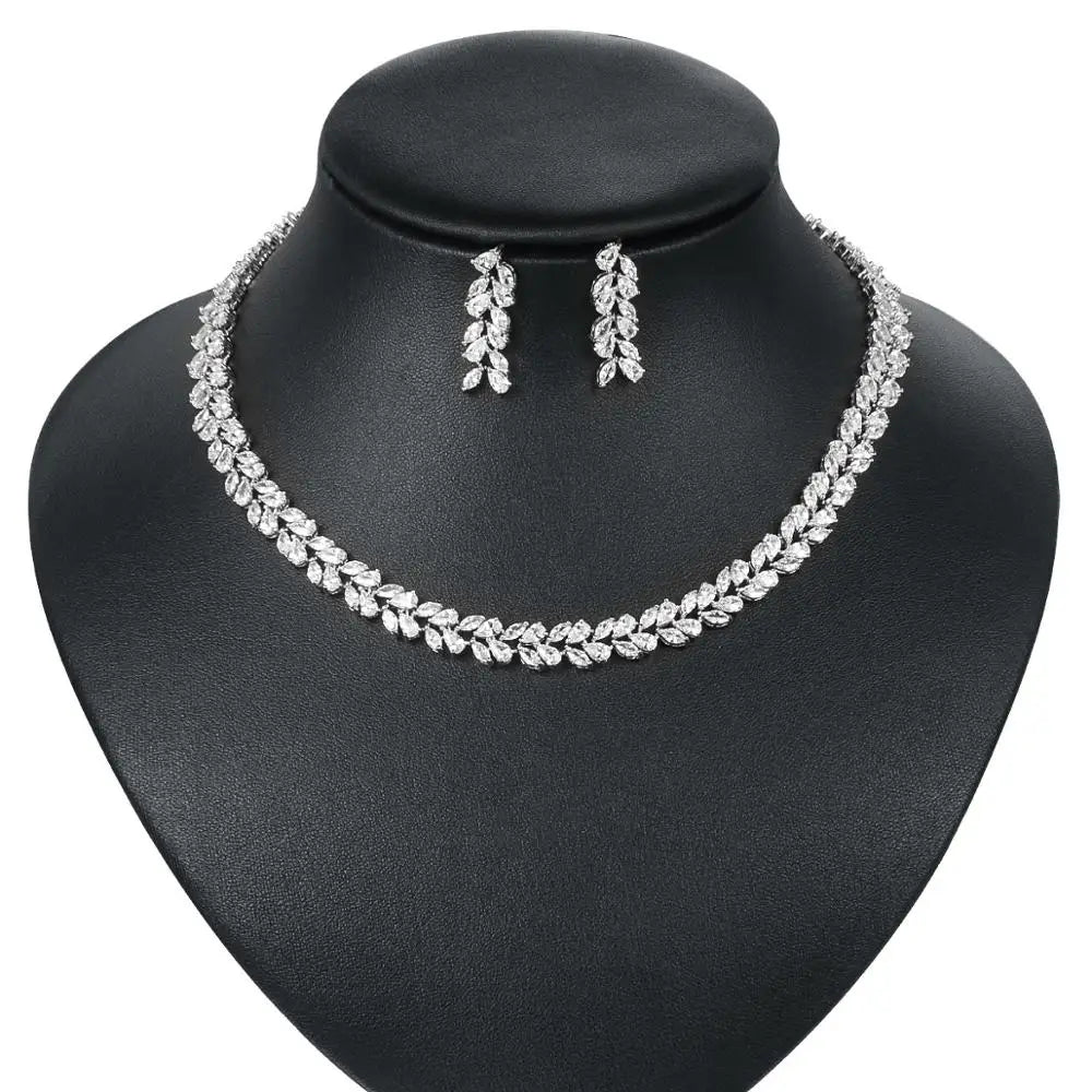 Marquise Cut Cubic Zirconia Tennis Necklace and Earring Elegant Wedding Bridal Jewelry Set