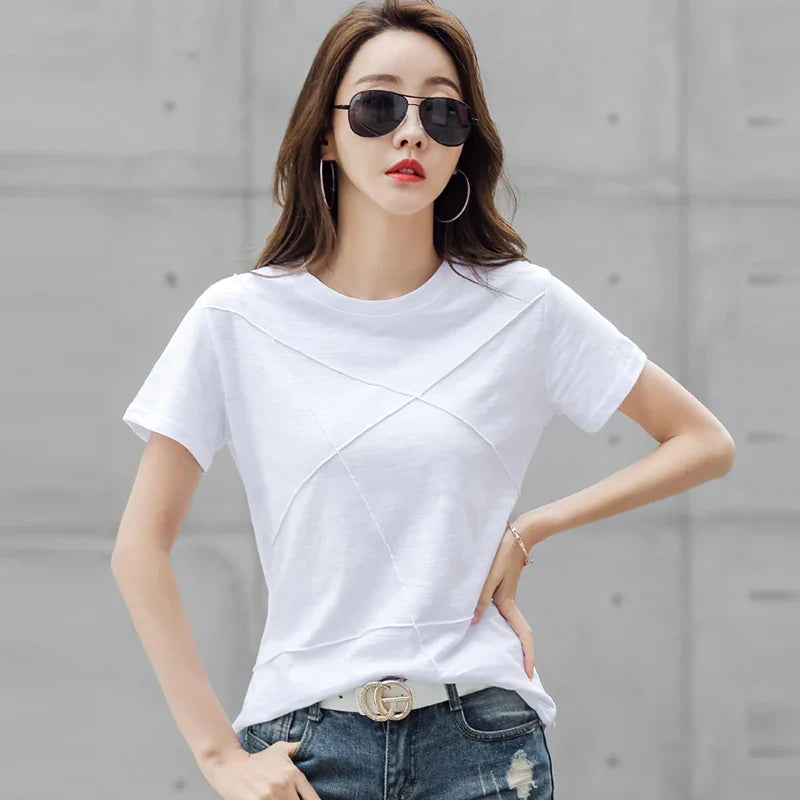 Summer Slim Cotton Bamboo T-Shirts Women 2026 O-Neck Short Sleeve Ribbed Tshirts Female Casual Solid Color Tops