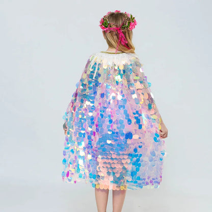 Novo Pequena Sereia Princesa Meninas Lantejoulas Capa Manto para Roupas de Festa na Praia Crianças Xale Arco-íris Cosplay Roupa de Natal