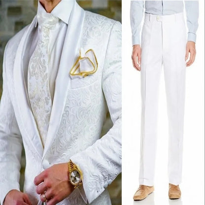 White Pattern Groom Tuxedos Shawl Satin Lapel Men Suits 2 Pieces Wedding Bridegroom ( Jacket + Pants + Tie  ) D201