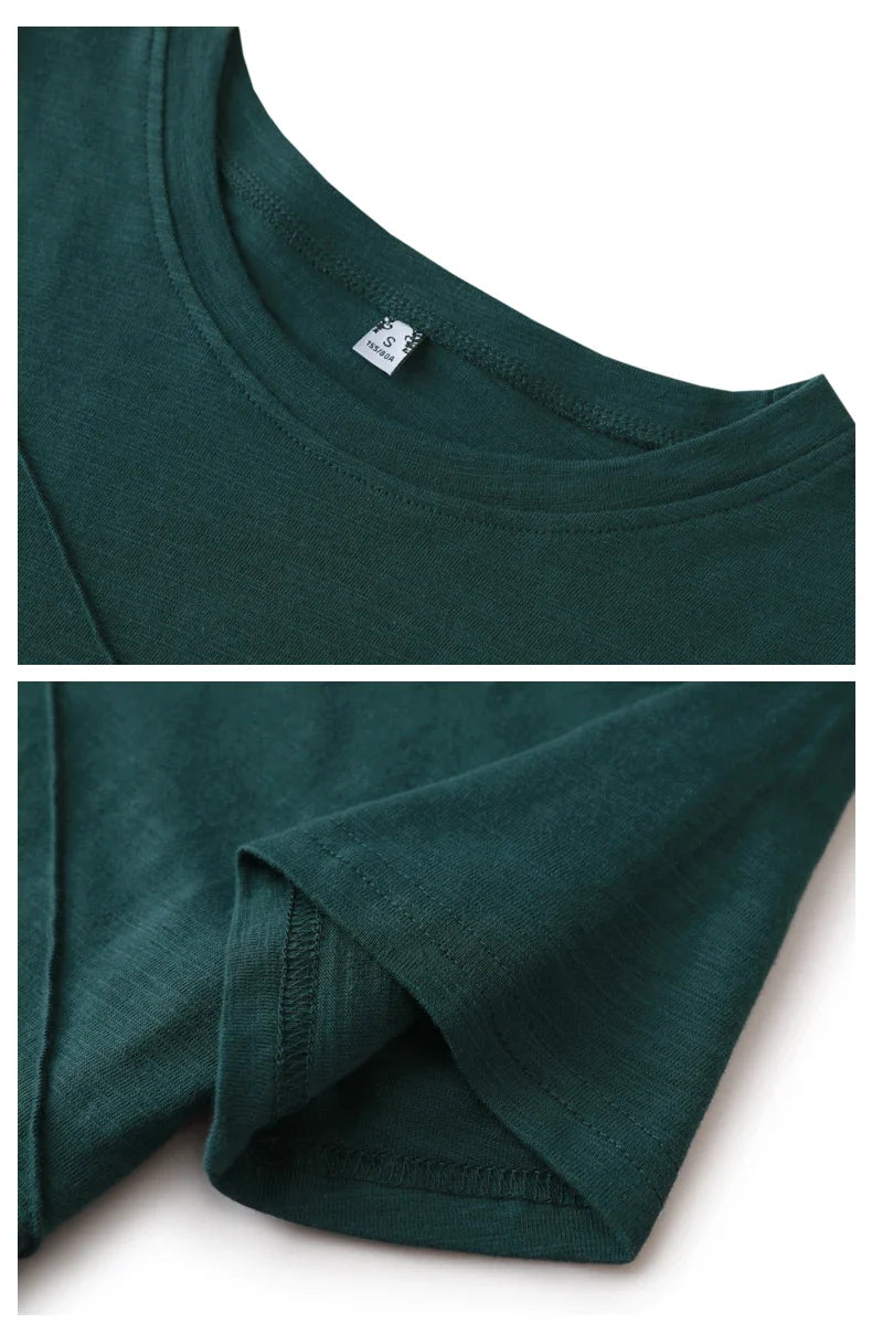 Summer Slim Cotton Bamboo T-Shirts Women 2026 O-Neck Short Sleeve Ribbed Tshirts Female Casual Solid Color Tops