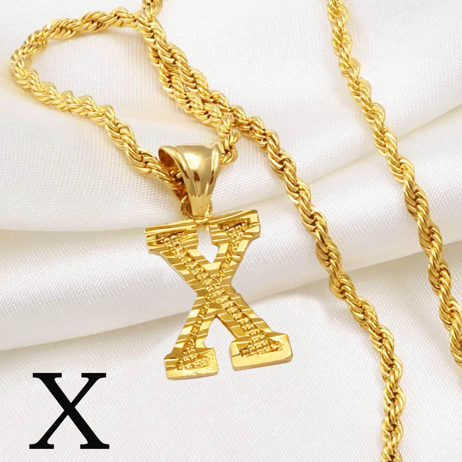 A-Z Letters Necklaces Women Men Gold Plated Initial Pendant Rope Chain English Letter Jewelry Alphabet African #058002B