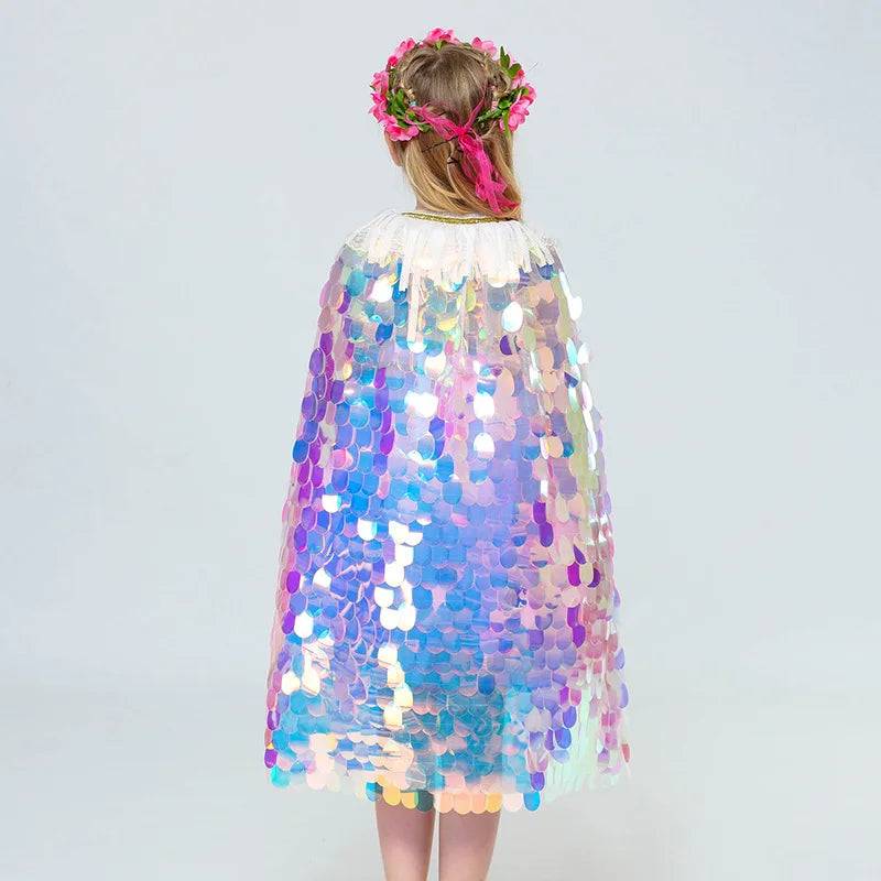 New Little Mermaid Princess Girls Sequins Cape Cloak for Beach Party Clothes Children Rainbow Shawl Cosplay Christmas Wear